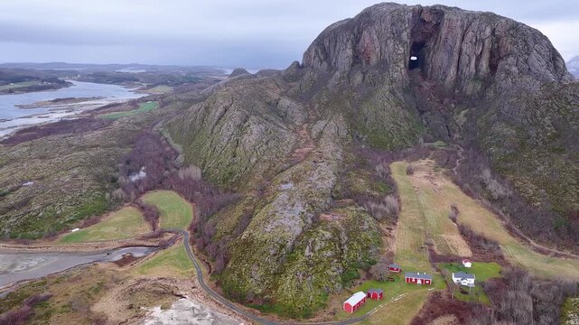 Norway Nordland Br&oslash;nn&oslash;y Br&oslash;nn&oslash;ysund Torgfjorden Vestav&aring;gen Torget Island Torghatten Granite Dome 4K Aerial Drone Footage
