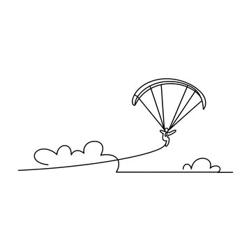 One line drawing of person paragliding through sky over soft clouds background.