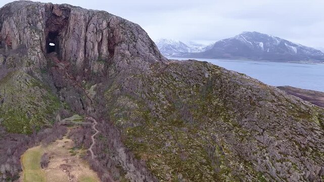 Norway Nordland Br&oslash;nn&oslash;y Br&oslash;nn&oslash;ysund Torgfjorden Vestav&aring;gen Torget Island Torghatten Granite Dome 4K Aerial Drone Footage