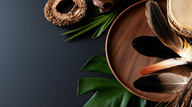 Exotic Asmat Culture Festival Arrangement Featuring Traditional Feathers And Wooden Drums On A Tropical Background
