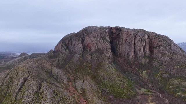Norway Nordland Br&oslash;nn&oslash;y Br&oslash;nn&oslash;ysund Torgfjorden Vestav&aring;gen Torget Island Torghatten Granite Dome 4K Aerial Drone Footage