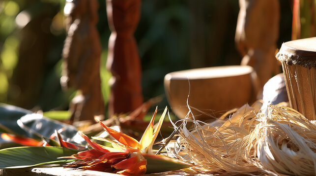 Authentic Traditional Wood Carvings and Tropical Floral Arrangements Displayed During the Vibrant Asmat Culture Festival Celebration