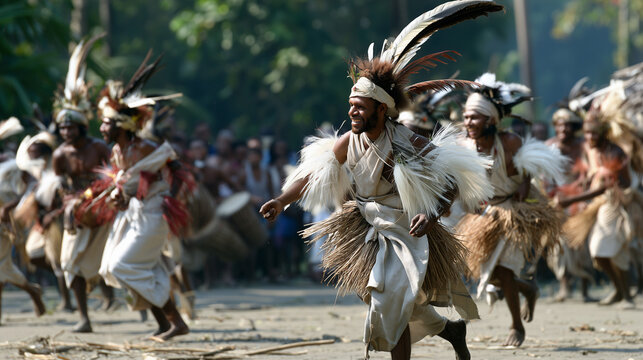 Energetic tribal performers engage in a vibrant Asmat Culture Festival celebration with traditional costumes and rhythmic dance movements