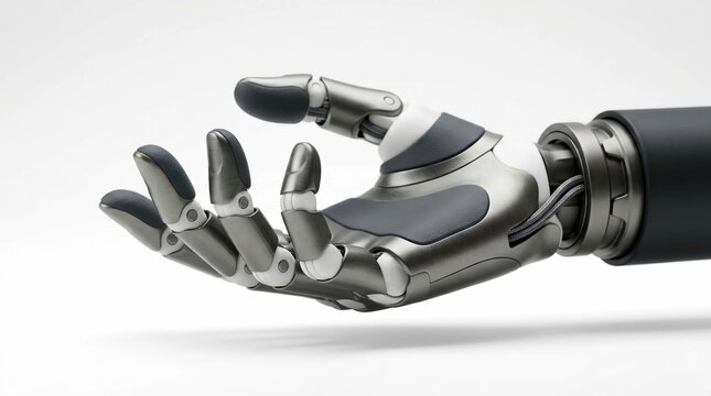 Futuristic robotic hand with bionic fingers, advanced prosthetic limb for medical technology, sleek metallic cyborg arm on white background