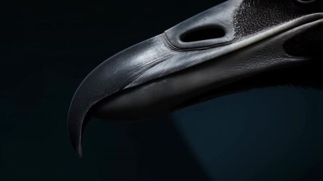 Extreme close profile of large bird beak with visible nostril and slightly parted mandibles under soft directional light, showing textured keratin surface, dark gap, and strong diagonal composition