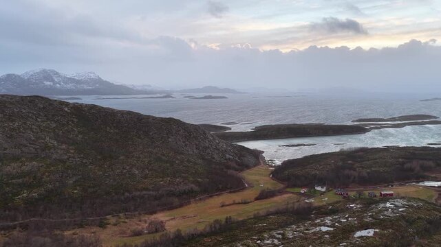Norway Nordland Br&oslash;nn&oslash;y Br&oslash;nn&oslash;ysund Torgfjorden Vestav&aring;gen Torget Island Torghatten Granite Dome 4K Aerial Drone Footage