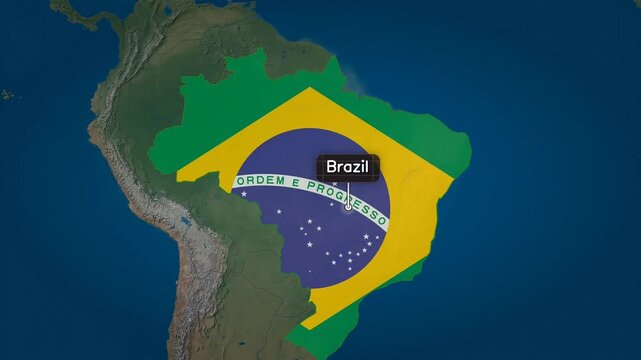 World Map Animation Showing Travel Route Transition From USA To Brazil With Flag Marker Pin And Location Label On Ocean Background For Geography Tourism Vacation Destination Journey