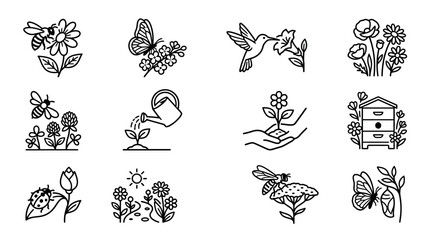 Garden Icons: Bees, Butterflies, Flowers, Plants, Watering Can, Beehive, Ladybug © Ajeng
