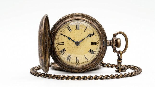 Vintage antique brass pocket watch with chain isolated on white background
