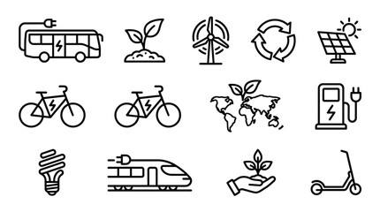 Eco-friendly transport and energy icons: electric bus, bike, train, scooter, solar, wind, recycling © bahlil