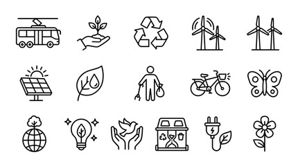 Eco-friendly icons set: sustainability, nature, renewable energy, recycling, clean environment © bahlil