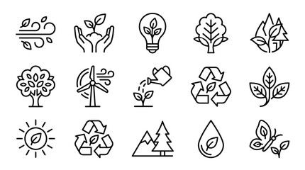 Eco Friendly Icons: Nature, Recycle, Renewable Energy, Plants, Sustainability Icons Set © bahlil