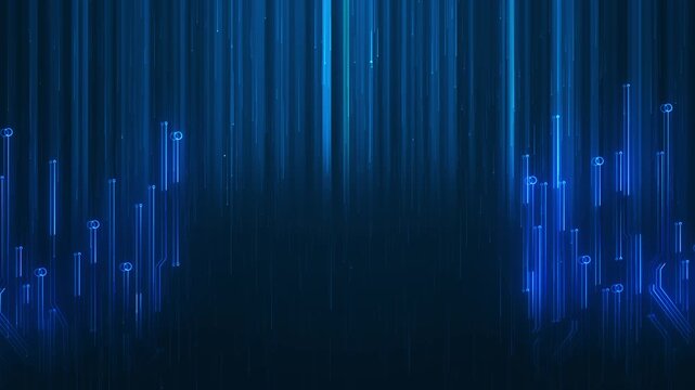 Blue circuit rain 19 background vertical glowing data lines, electronic side traces, dark digital depth. for software intros, cyber visuals, hardware promos, data streams, and motion overlays.