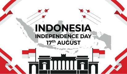 Obraz premium Indonesia independence day template with national monument skyline flags and jet fighters for celebration event greeting
