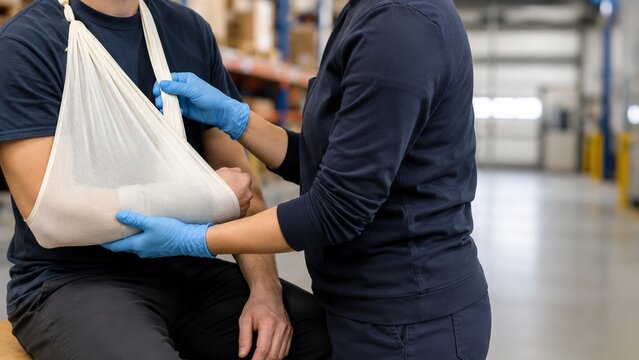 First aider adjusting arm sling for worker in warehouse