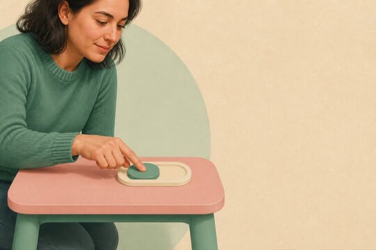 Digital detox woman pressing reset button in pastel scene