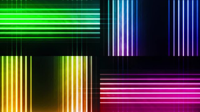Rainbow neon laser lines form glowing grid panels on a dark background.