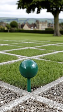 Close up of a green location pin on a grass plot bordered by white lines and gravel pathways in a rural landscape under an overcast sky