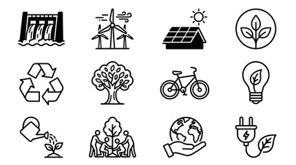 Renewable Energy and Sustainability Icons: Hydro, Wind, Solar, Eco-friendly Lifestyle © Bobon