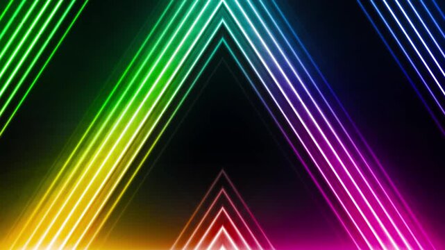 Glowing rainbow neon triangle beams form a futuristic geometric laser pattern.