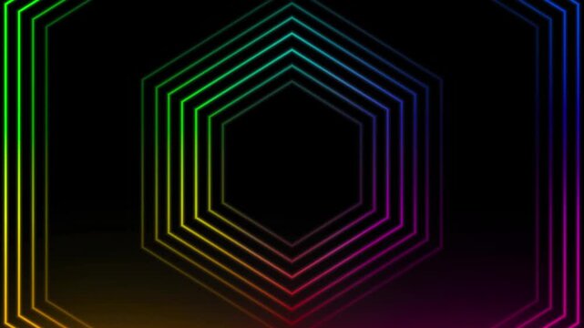 Rainbow neon hexagon rings glow as a futuristic geometric laser background.