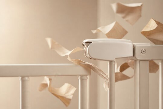 Baby crib in soft beige nursery with floating paper ribbons