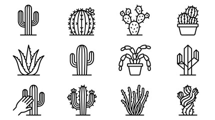 Obraz premium Collection of cactus and succulent plant icons, line art, set of desert flora
