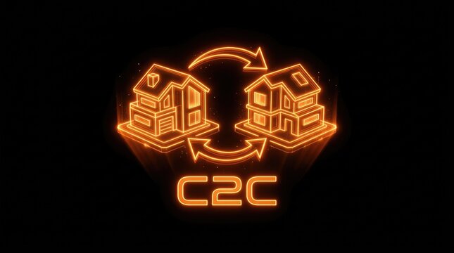 C2C Property Exchange Concept with Digital Neon Houses