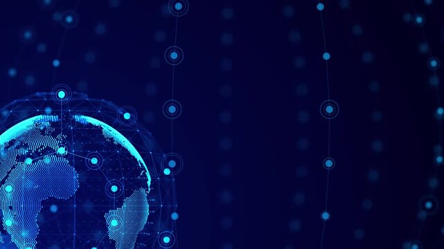 Blue connected earth data visual partial globe, circular network targets, and clean empty space for titles. for global services, wireless systems, tech ads, online platforms, and motion graphics.