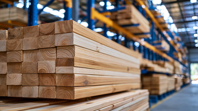 Deep perspective through a spacious lumber warehouse filled with stacked hardwood and softwood boards arranged on industrial shelving, realistic timber storage facility with organized inventory mana