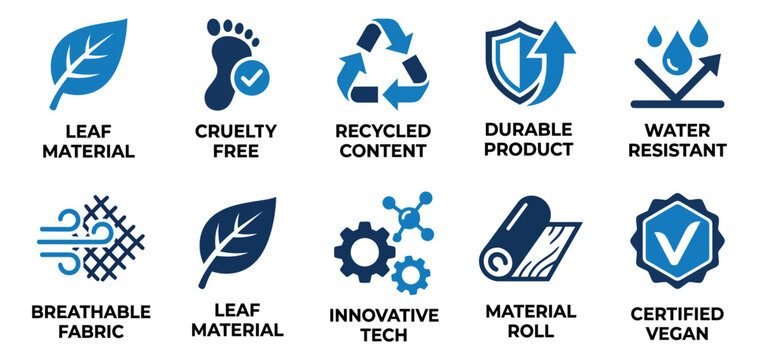 Set of eco friendly sustainability and material feature icons for product labels and green packaging design Minimal solid fill icon set bundle collection. Editable Vector Illustration Mega pack