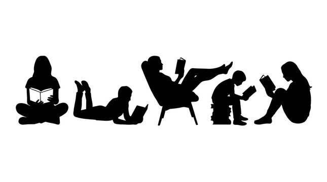 Silhouettes of diverse people reading books in various poses.