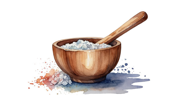 Rustic Wooden Bowl Filled with Coarse Sea Salt and Spoon &ndash; Watercolor Transparent PNG Clipart for Kitchen, Bath and Wellness Design