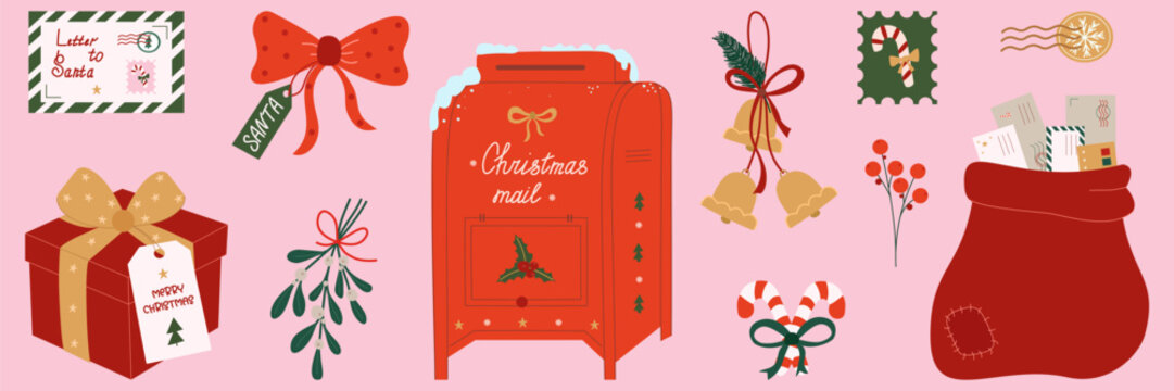 Christmas mail set with vintage mailbox, Santa Claus letter, gift box, red sack full of envelopes, bells, and candy canes on pink background.