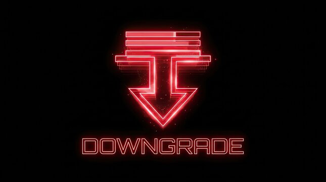 Downgrade neon glitch icon with a red arrow. Cyberpunk futuristic technology concept.