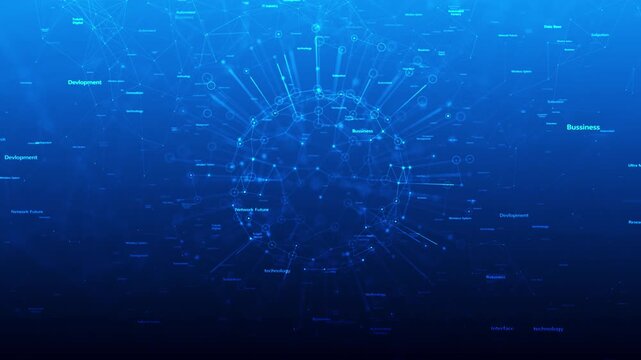 19 word cloud network visual blue connected lines, glowing node sphere, and business data atmosphere. IT presentations, digital transformation clips, software promos, motion graphics.