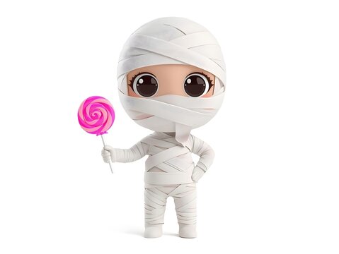 Cartoon mummy holding pink lollipop with big eyes