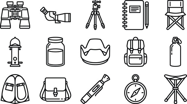 Collection Of Outdoor Equipment Icons Including Binoculars Backpack And Compass On Transparent Background telescope tripod