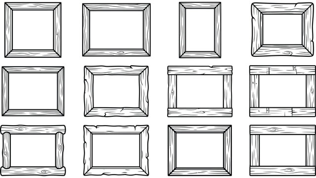 Set of wooden frames. Hand drawn rustic timber borders for photos and art.