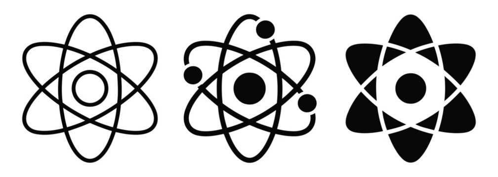 Atom Icons, Science Symbols, Atomic Structure Vector Graphics for Chemistry, Physics, Scientific Innovation, Laboratory Research, Nuclear Technology, Educational Resources and Modern Science Design.