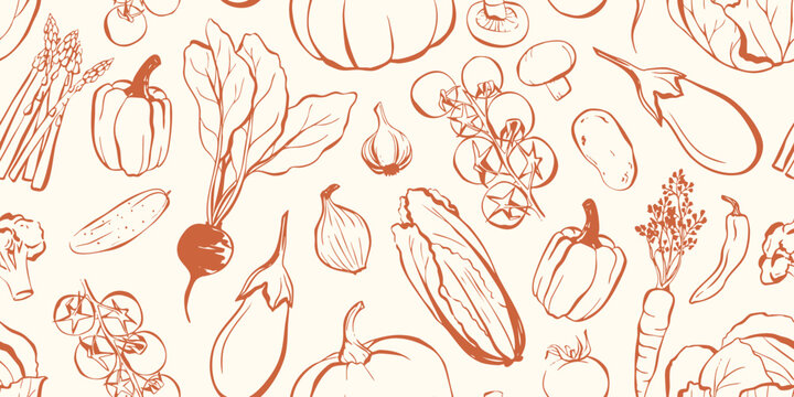 Seamless vegetable pattern with hand drawn autumn harvest produce. Vector linear line art background of pumpkin, tomato, carrot, beet, pepper, and eggplant. Seamless border for kitchen