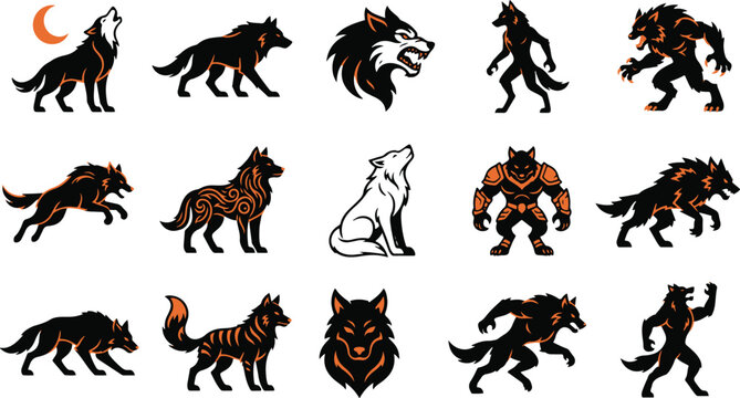 A comprehensive halloween bundle featuring various artistic illustrations of wolves and terrifying werewolf creatures isolated on a clean white background design