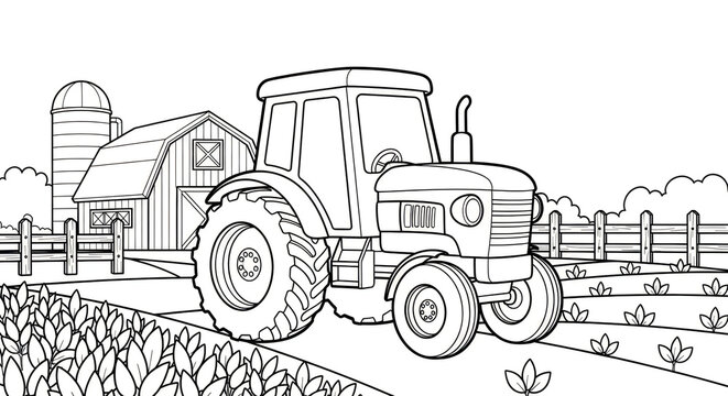 A detailed farm tractor in a field for a kids colouring page activity book illustration