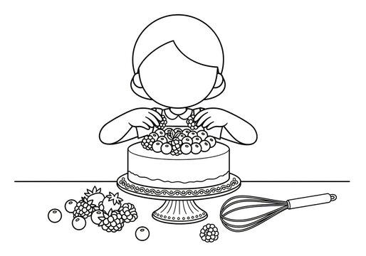Black and white line art colouring page featuring a young girl decorating a delicious berry cake