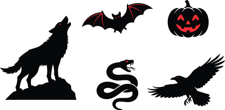 Halloween vector illustration of a wolf bat snake crow jack