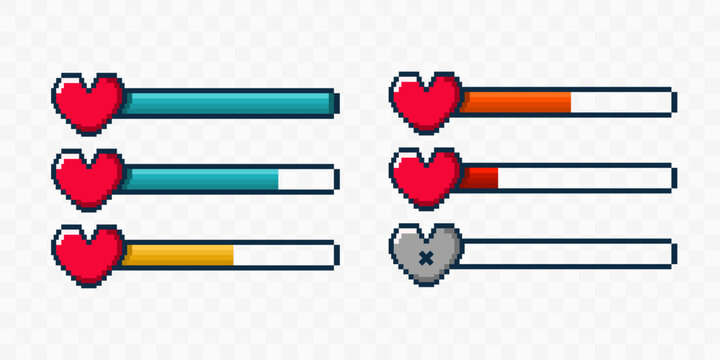 Pixel art game health bar set with hearts. Retro 8 bit video game UI elements with life indicator status
