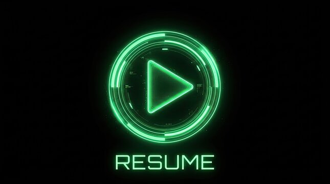 Futuristic resume play button with glowing green neon light. Technology UI HUD interface element.