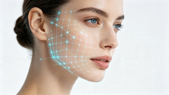 Female profile with cyan glowing facial scan grid digital beauty technology