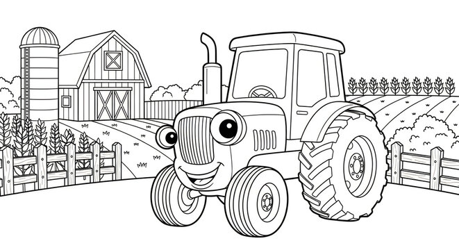 Fun farm tractor scene for children to enjoy as a creative and educational black and white colouring page