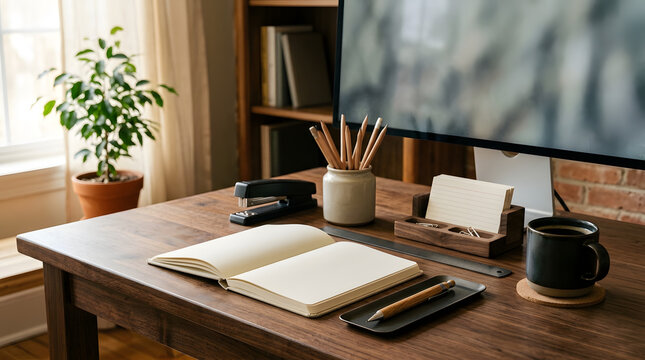 Modern home office desk with open notebook and computer monitor